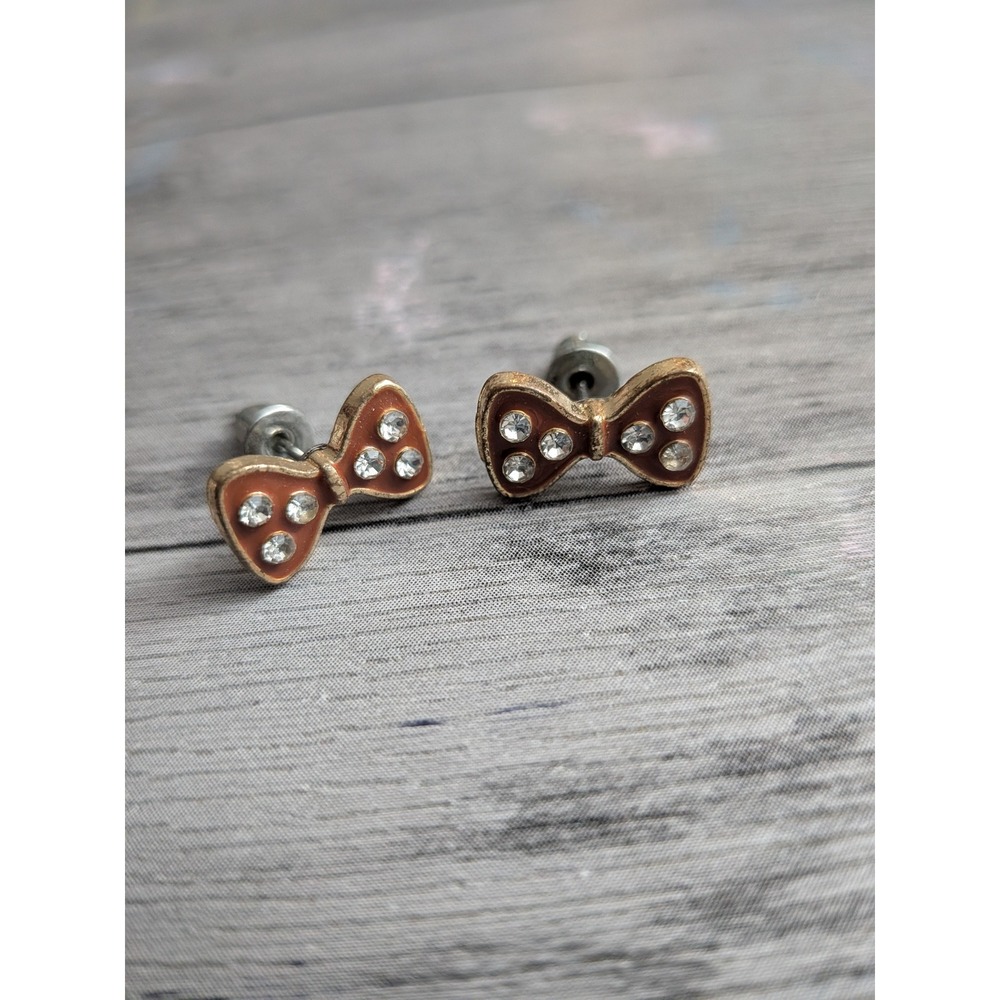 Orange Enamel Bow Stud Earrings Gold Tone Rhinestone Accents Dainty Jewelry